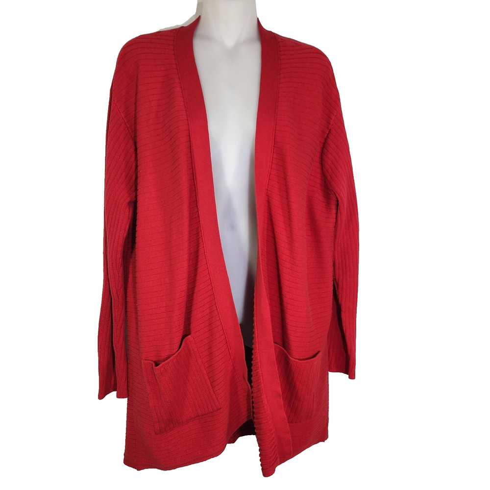 J Jill Womens Ribbed Knit Duster Cardigan M Longline Lagenlook Red Pockets Open